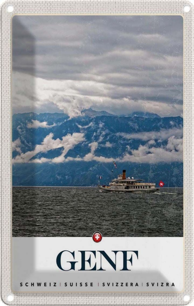 [LA-1783416] Blechschild 18x12 cm Genf Schweiz Schiffe Gebirge Himmel Bildmotiv Reisemotiv Abenteuer Reisen Urlaub