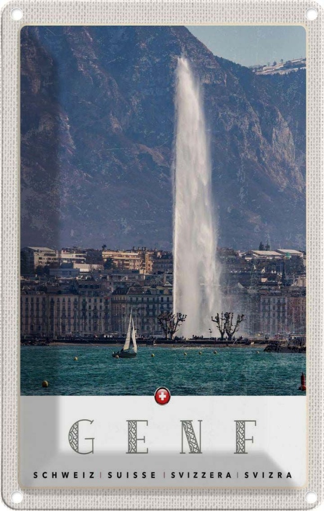 [LA-1783417] Blechschild 18x12 cm Genf Schweiz Gebäude Gebirge Himmel Bildmotiv Reisemotiv Abenteuer Reisen Urlaub