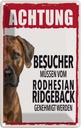 Blechschild 18x12 cm Tiere Achtung Rodhesian Ridgeback Hund