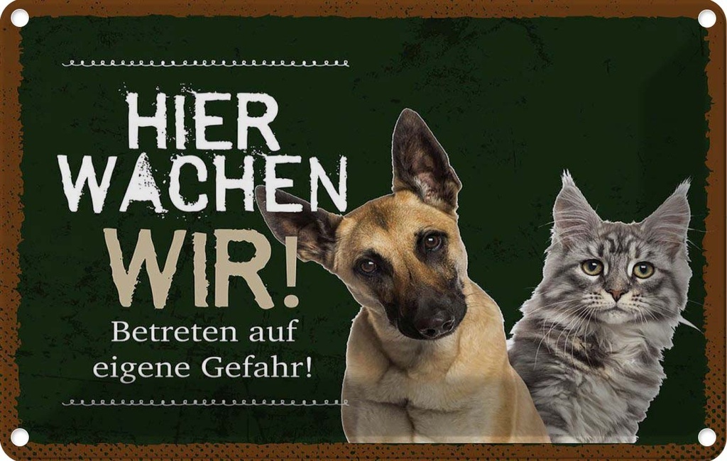 [LA-1783483] Blechschild 12x18 cm Hund Katze hier wachen wir
