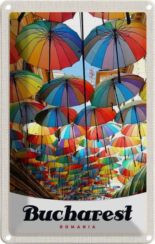 [LA-1783532] Blechschild 18x12 cm Bukarest Rumänien Regenschirm bunt Bildmotiv Reisemotiv Abenteuer Reisen