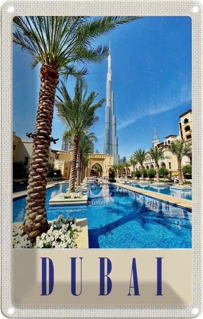 [LA-1783549] Blechschild 18x12 cm Dubai Palmen Wolkenkratzer Bildmotiv Reisemotiv Abenteuer Reisen