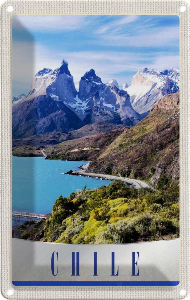 [LA-1783555] Blechschild 18x12 cm Chile Gebirge Meer Natur Schnee Bildmotiv Reisemotiv Abenteuer Reisen
