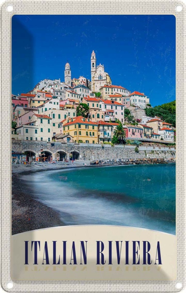 [LA-1783561] Blechschild 18x12 cm Italien Riviera Stadt Strand Wellen Bildmotiv Reisemotiv Abenteuer Reisen