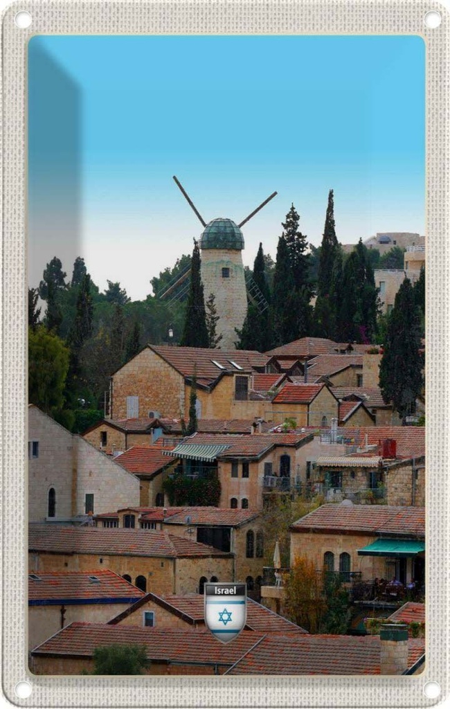 [LA-1783579] Blechschild 18x12 cm Israel Stadt Windmühle Natur Bildmotiv Reisemotiv Abenteuer Reisen