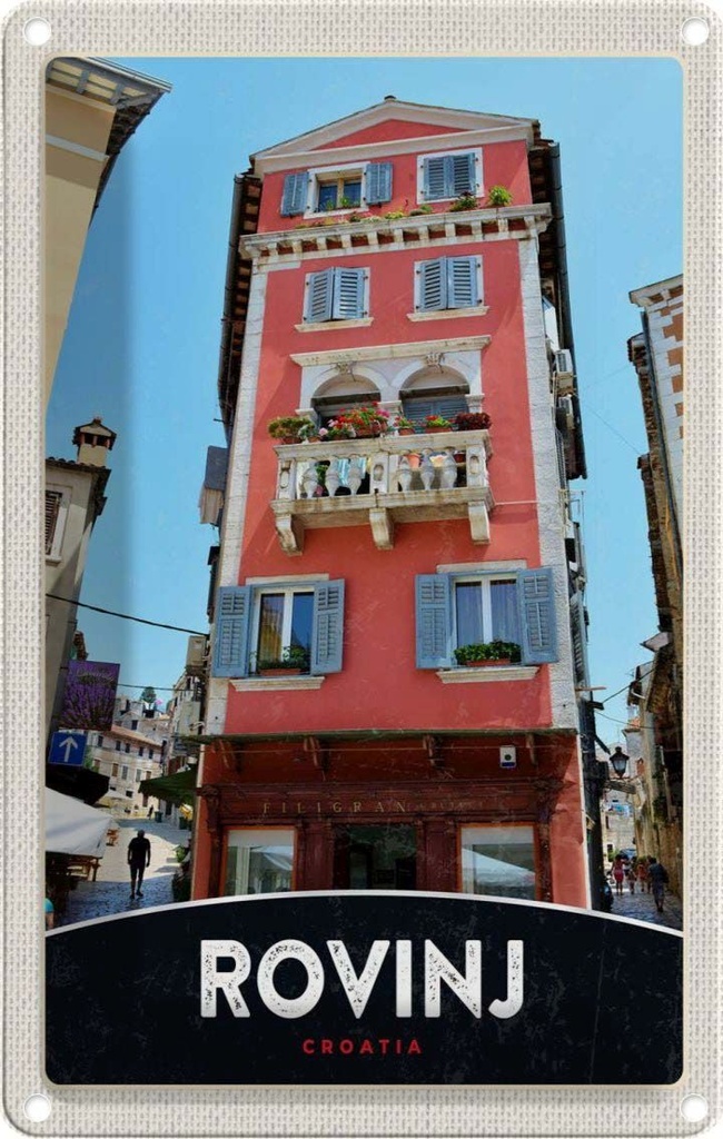 Blechschild 18x12 cm Rovinj Kroatien Haus rot Blumen Bildmotiv Reisemotiv Abenteuer Reisen