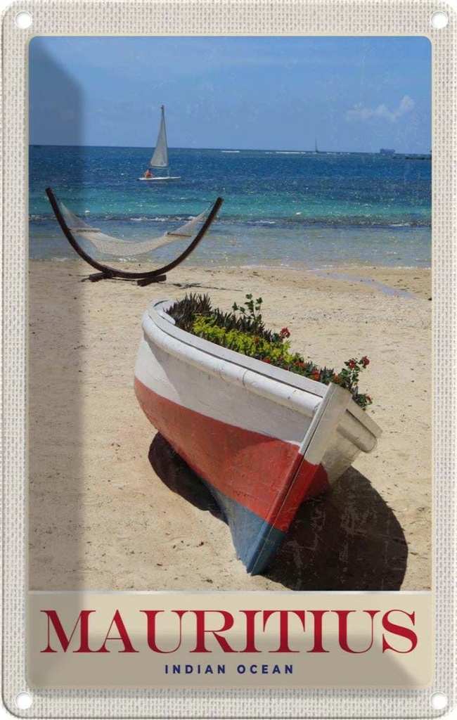 Blechschild 18x12 cm Mauritius Indischer Ozean Boot Bildmotiv Reisemotiv Abenteuer Reisen