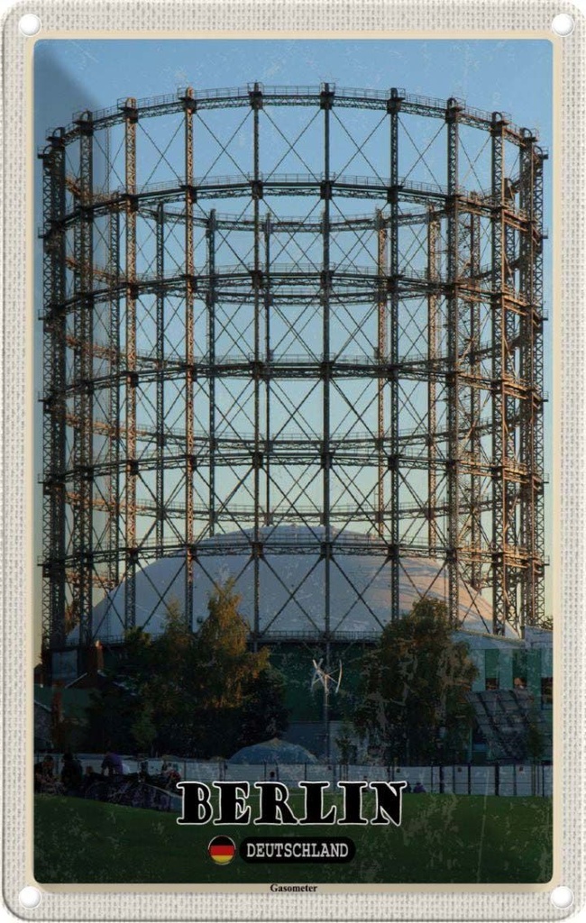 Blechschild 18x12 cm Berlin Gasometer Bildmotiv Reisemotiv Abenteuer Reisen