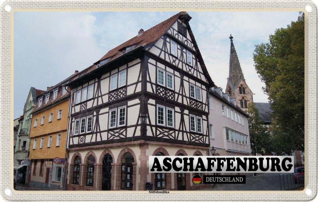 Blechschild 12x18 cm Aschaffenburg Stiftbaslika Altstadt Bildmotiv Reisemotiv Abenteuer Reisen