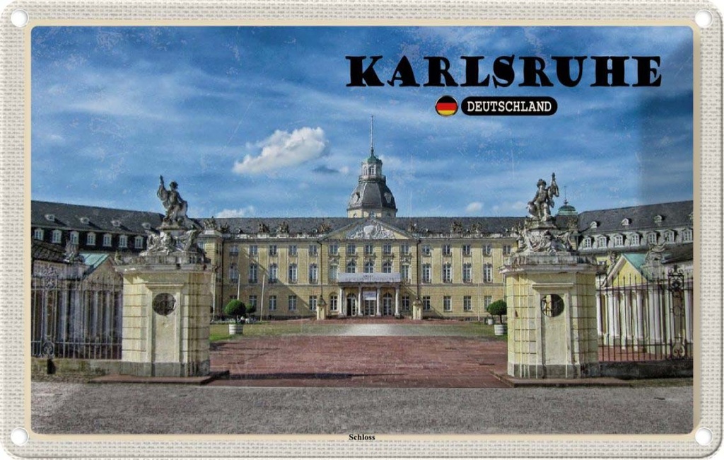 Blechschild 12x18 cm Karlsruhe Schloss Brunnen Bildmotiv Reisemotiv Abenteuer Reisen