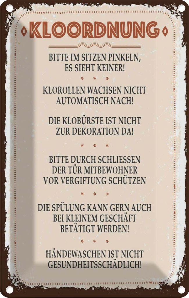 [LA-1784187] Blechschild 18x12 cm Kloordnung bitte im sitzen pinkeln Spruch Zitat