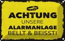 Blechschild 12x18 cm Hund Achtung unsere Alarmanlage beisst Spruch Zitat