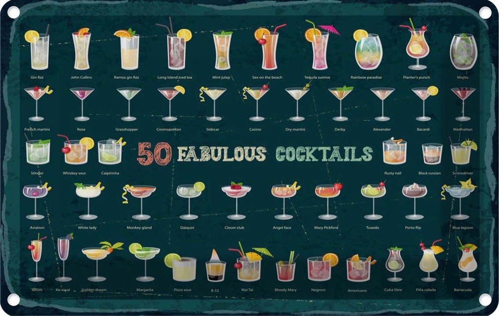 Blechschild 12x18 cm Alkohol 50 Fabulous Cocktails Drinks