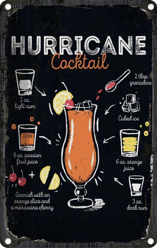 Blechschild 18x12 cm Hurricane Cocktail Recipe