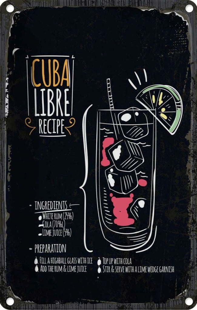 Blechschild 18x12 cm Cuba Libre Cocktail Recipe