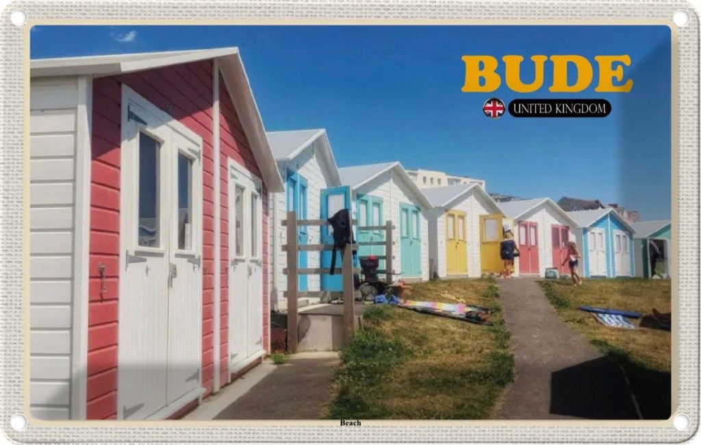 Blechschild 12x18 cm United Kingdom Bude Beach Bildmotiv Reisemotiv Abenteuer Reisen