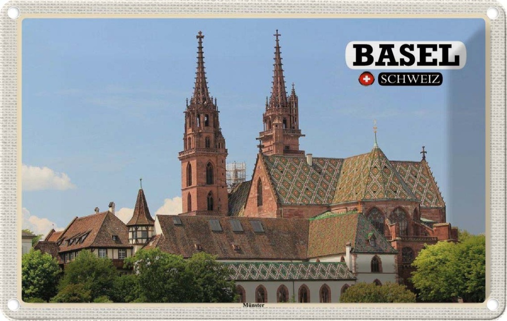 Blechschild 12x18 cm Basel Schweiz Münster Kirche Bildmotiv Reisemotiv Abenteuer Reisen