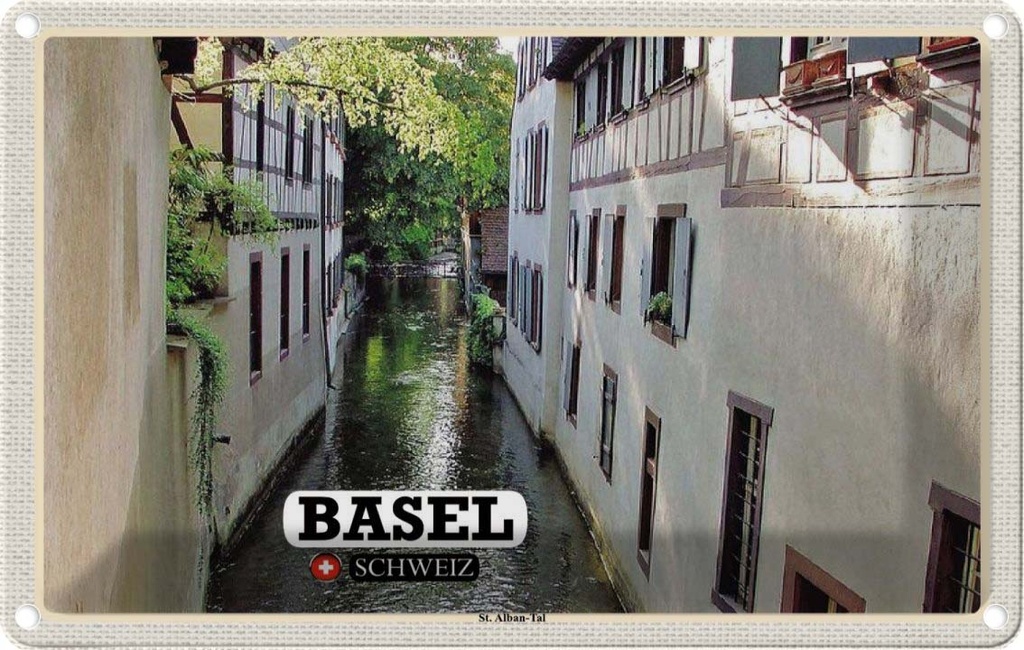Blechschild 12x18 cm Basel Schweiz St. Alban-Tal Gebäude Bildmotiv Reisemotiv Abenteuer Reisen