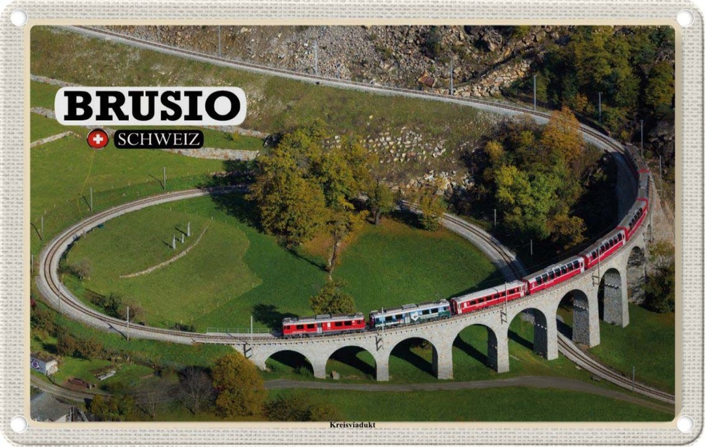 Blechschild 12x18 cm Brusio Schweiz Kreisviadukt Zug Bildmotiv Reisemotiv Abenteuer Reisen