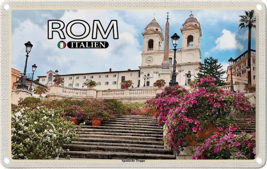 Blechschild 12x18 cm Rom Italien Spanische Treppe Kirche Bildmotiv Reisemotiv Abenteuer Reisen