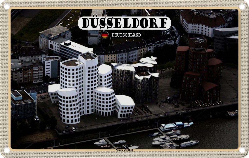 Blechschild 12x18 cm Düsseldorf Neuer Zollhof Gebäude Bildmotiv Reisemotiv Abenteuer Reisen