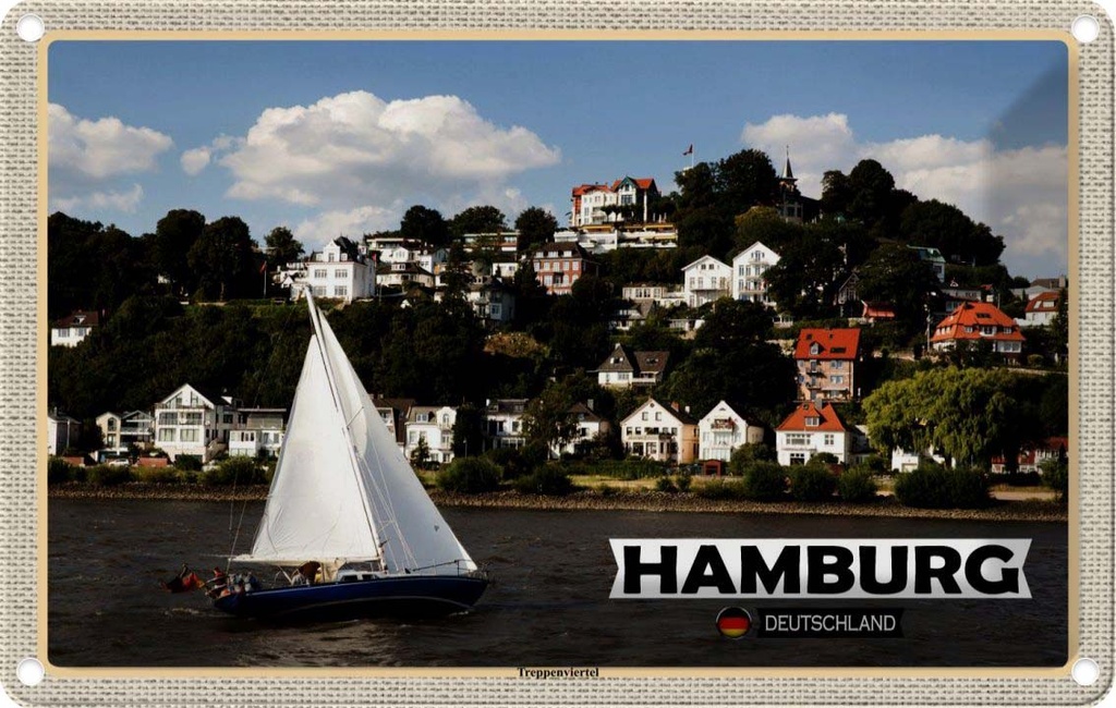 Blechschild 12x18 cm Hamburg Treppenviertel Boot Bildmotiv Reisemotiv Abenteuer Reisen