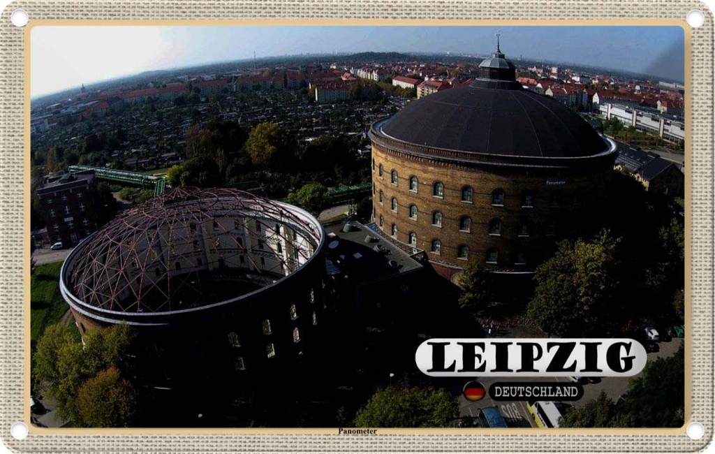 Blechschild 12x18 cm Leipzig Blick auf Panometer Bildmotiv Reisemotiv Abenteuer Reisen