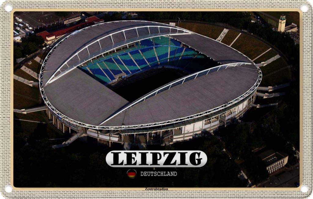 Blechschild 12x18 cm Leipzig Blick Zentralstadion Bildmotiv Reisemotiv Abenteuer Reisen