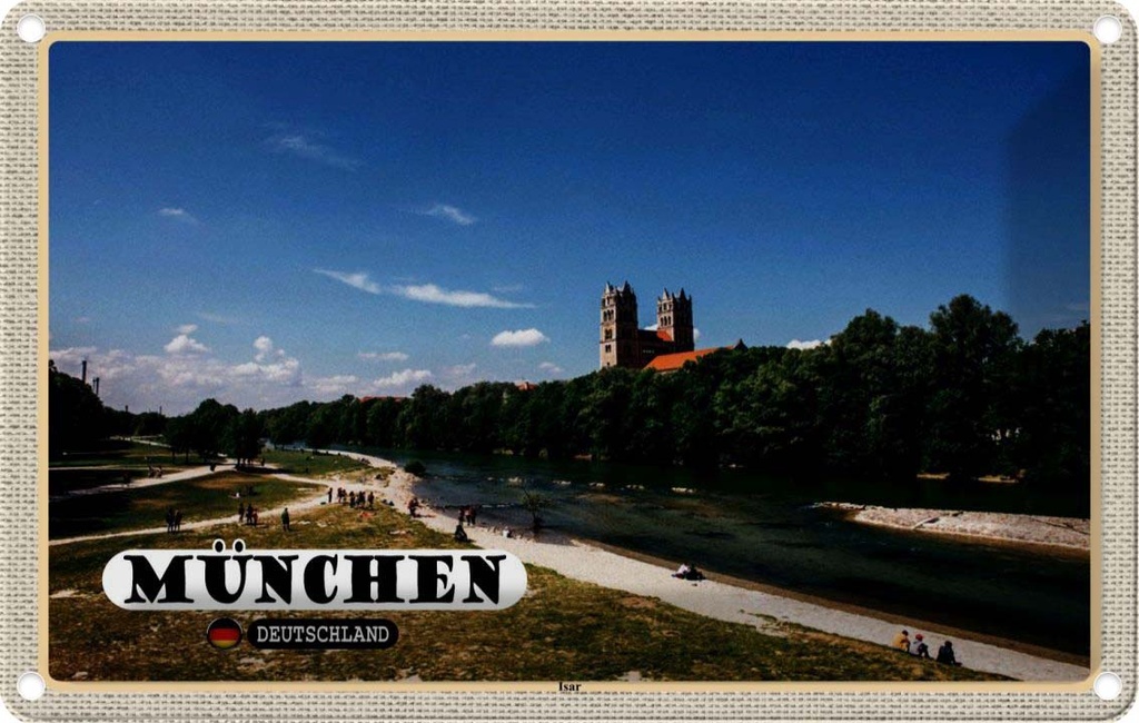 Blechschild 12x18 cm München Isar Schloss Fluss Bildmotiv Reisemotiv Abenteuer Reisen