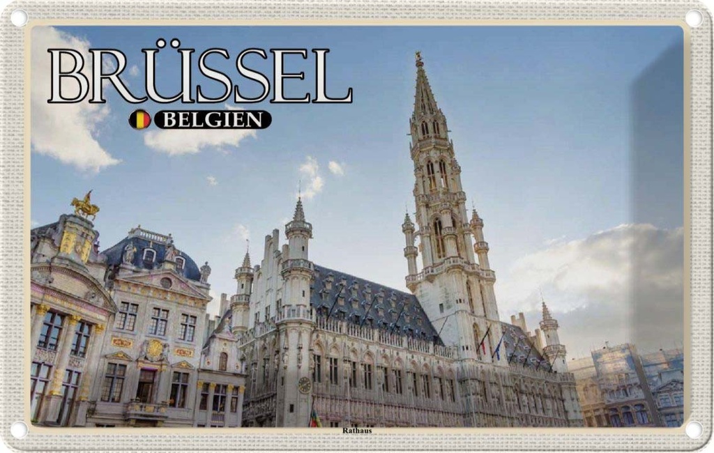 Blechschild 12x18 cm Brüssel Belgien Rathaus Wolken Bildmotiv Reisemotiv Abenteuer Reisen