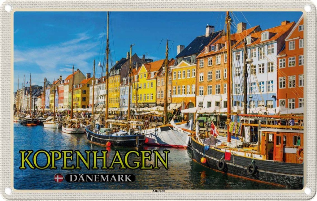 Blechschild 12x18 cm Kopenhagen Dänemark Altstadt Boote Bildmotiv Reisemotiv Abenteuer Reisen