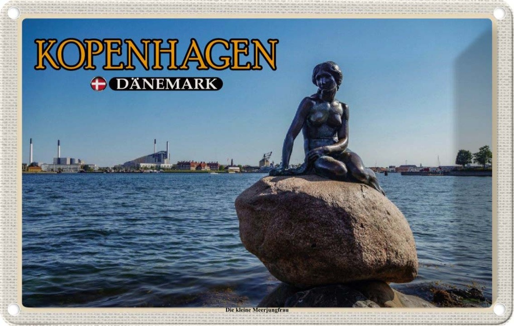 Blechschild 12x18 cm Kopenhagen Dänemark kleine Meerjungfrau Bildmotiv Reisemotiv Abenteuer Reisen