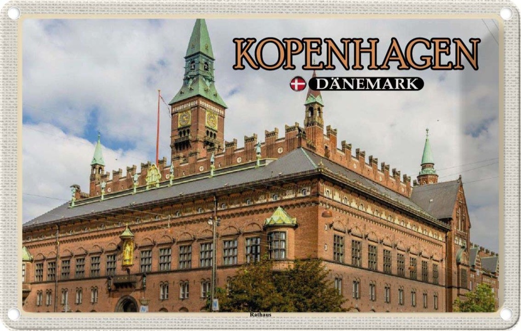 Blechschild 12x18 cm Kopenhagen Dänemark Rathaus Bildmotiv Reisemotiv Abenteuer Reisen