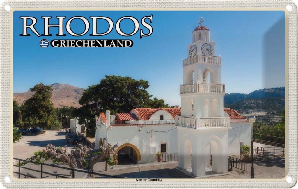 Blechschild 12x18 cm Rhodos Griechenland Kloster Tsambika Bildmotiv Reisemotiv Abenteuer Reisen