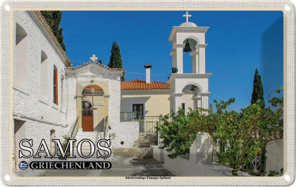 Blechschild 12x18 cm Samos Griechenland Klosteranlage Panagia Bildmotiv Reisemotiv Abenteuer Reisen