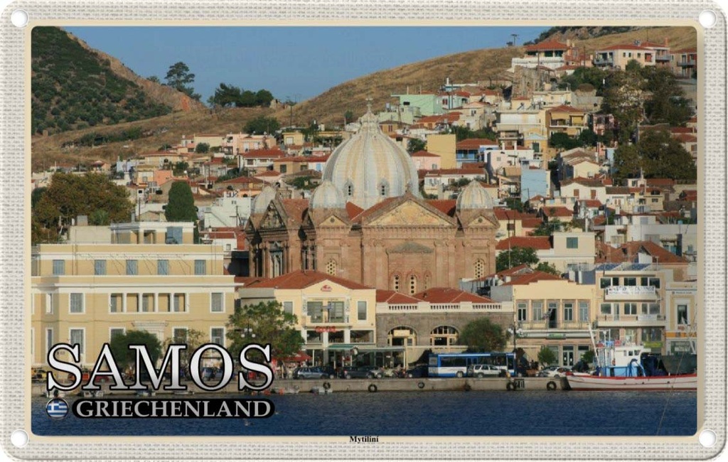 Blechschild 12x18 cm Samos Griechenland Mytilini Stadt Meer Bildmotiv Reisemotiv Abenteuer Reisen