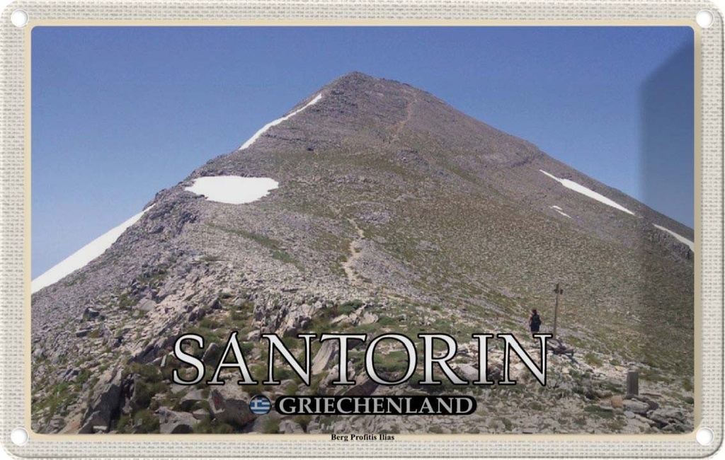 Blechschild 12x18 cm Santorin Griechenland Berg Profitis Ilias Bildmotiv Reisemotiv Abenteuer Reisen