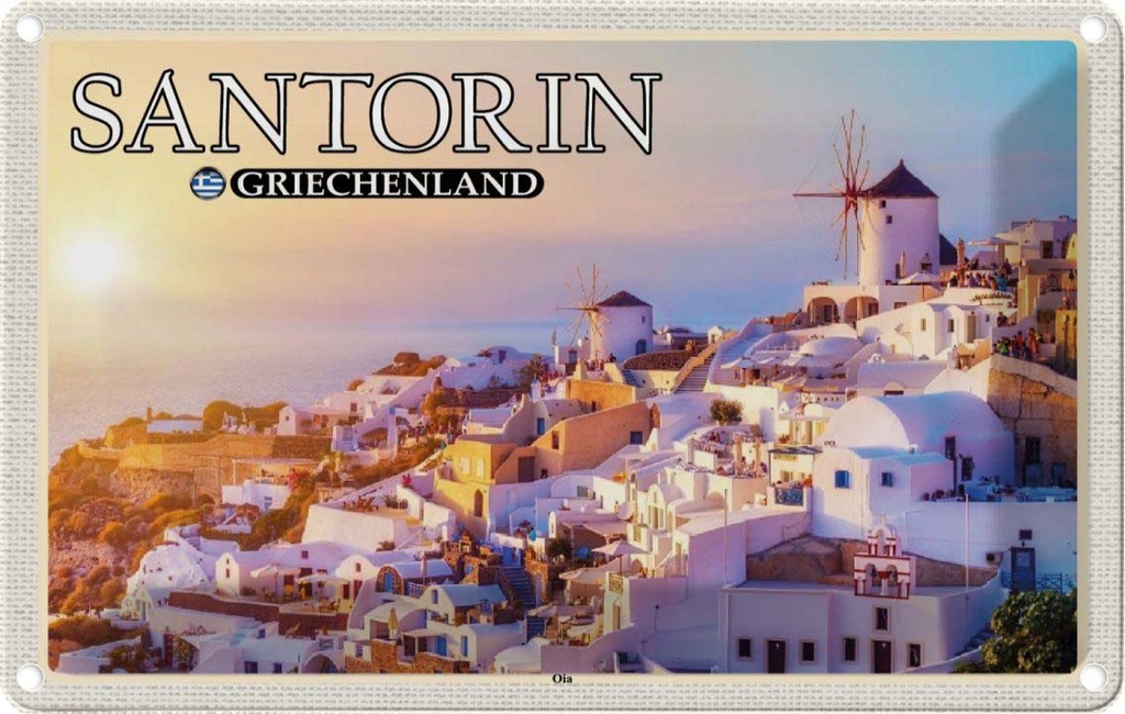 Blechschild 12x18 cm Santorin Griechenland Oia Küstendorf Bildmotiv Reisemotiv Abenteuer Reisen
