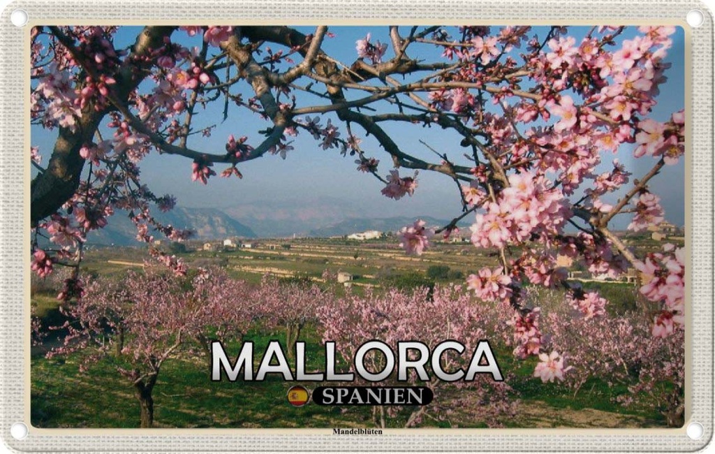 Blechschild 12x18 cm Mallorca Spanien Mandelblüten Bildmotiv Reisemotiv Abenteuer Reisen