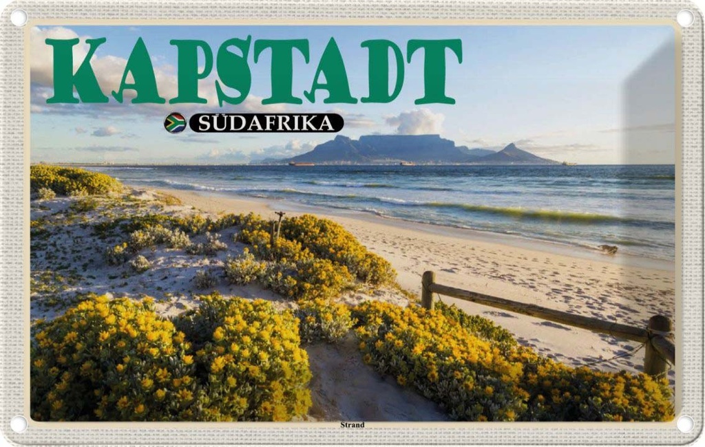 Blechschild 12x18 cm Kapstadt Südafrika Strand Meer Berge Bildmotiv Reisemotiv Abenteuer Reisen