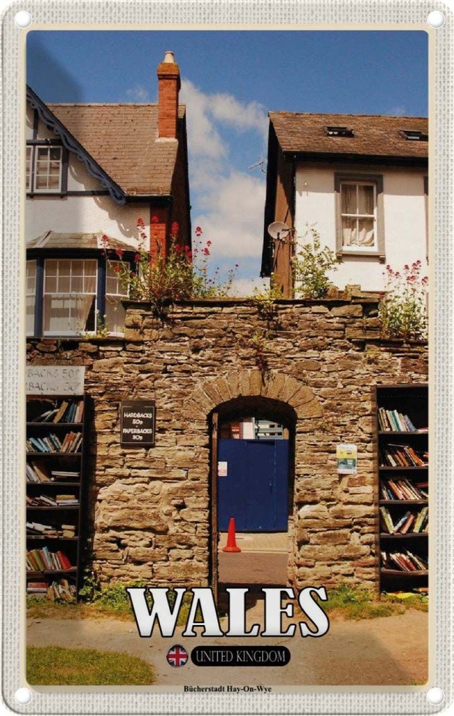 Blechschild 18x12 cm Wales Bücherstadt Hay-On-Wye Bildmotiv Reisemotiv Abenteuer Reisen