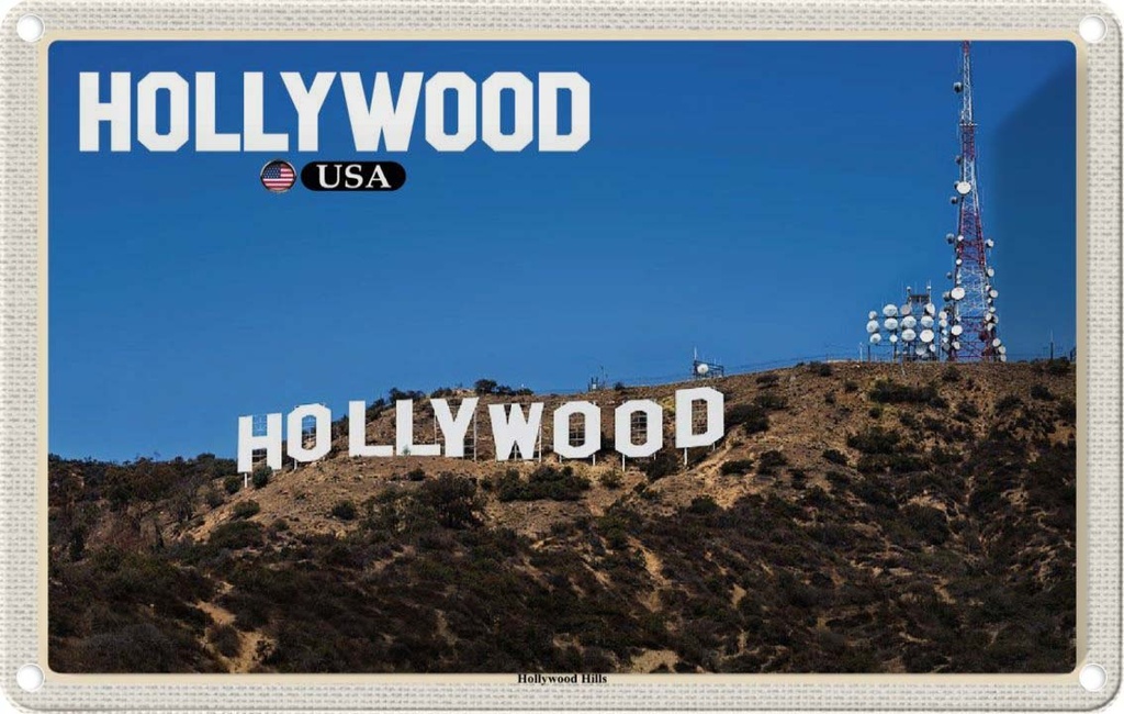 Blechschild 12x18 cm Hollywood USA Hills Bildmotiv Reisemotiv Abenteuer Reisen