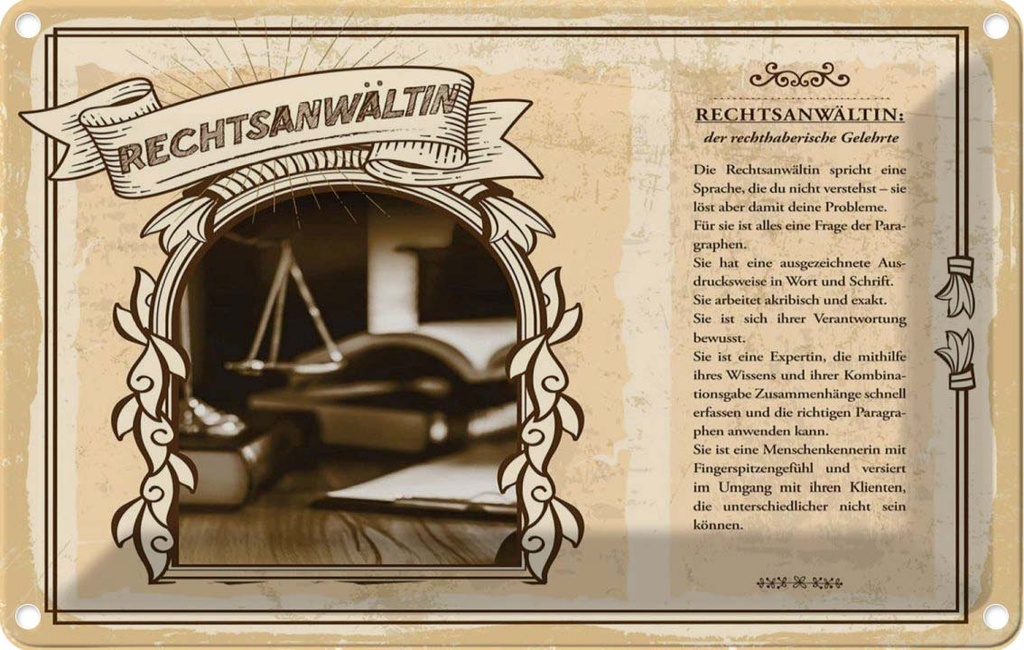 [LA-123082-2030] Blechschild 20x30 cm Rechtsanwältin Beruf Arbeit