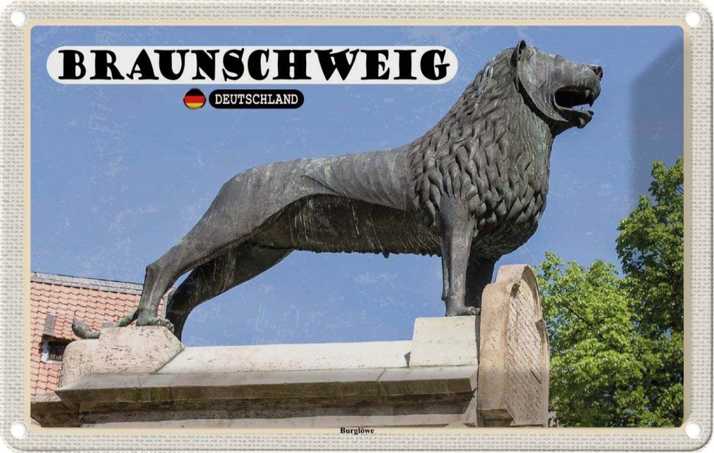[LA-132013] Blechschild 20x30 cm Braunschweig Burglöwe Architektur Bildmotiv Reisemotiv Abenteuer Reisen Urlaub Häuser