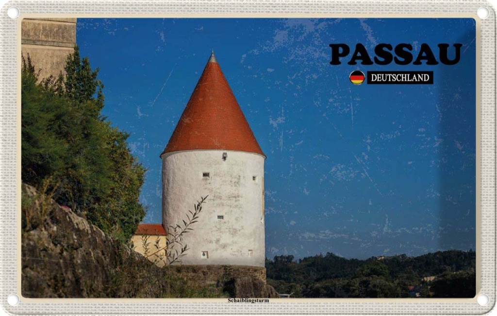 [LA-132200] Blechschild 20x30 cm Passau Schaiblingsturm Architektur Bildmotiv Reisemotiv Abenteuer Reisen Urlaub Häuser