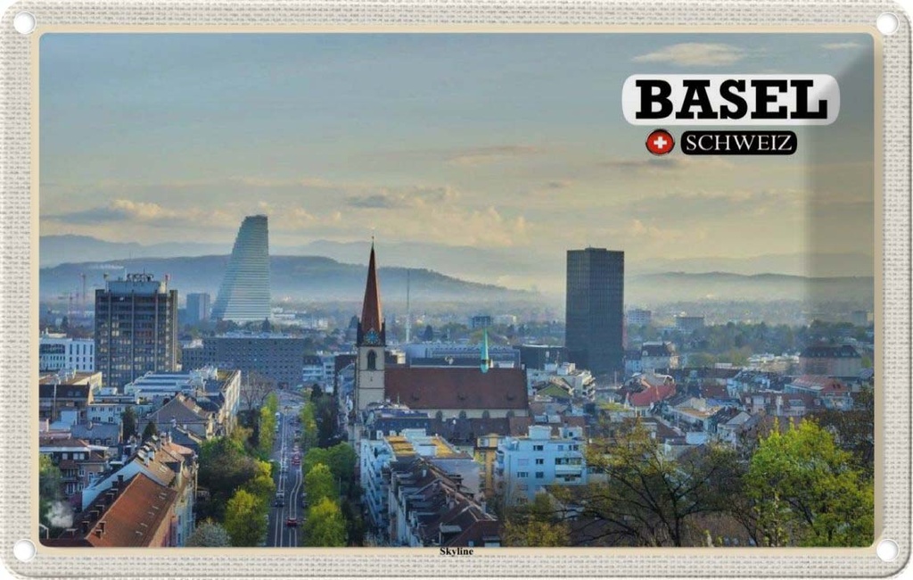 [LA-132699] Blechschild 20x30 cm Basel Schweiz Architektur Skyline Bildmotiv Reisemotiv Abenteuer Reisen Urlaub Häuser