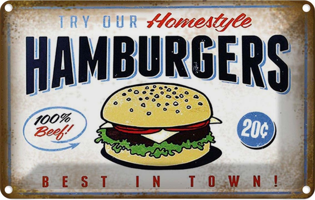 Blechschild 20x30 cm Hamburger best in town 100% Beef