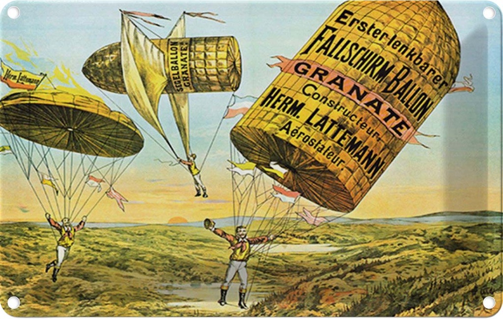 [LA-1784894] Blechschild 20x30 cm Fallschirm erste lenkbarer Ballon