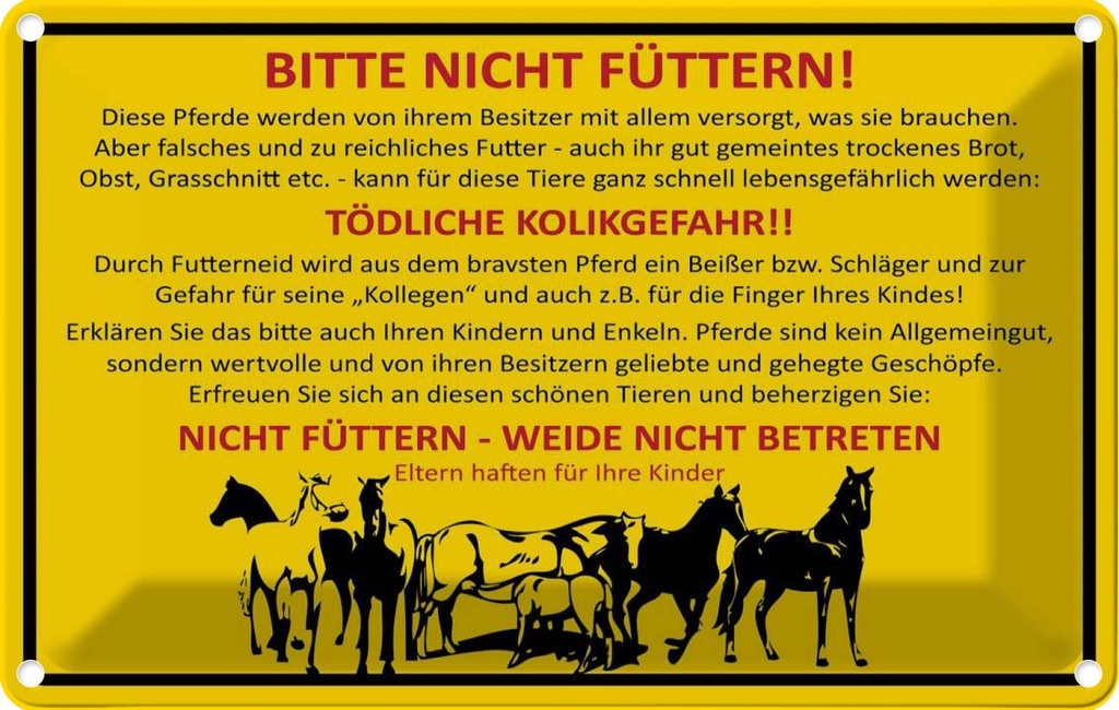 [LA-1784908] Blechschild 20x30 cm bitte nicht füttern Pferde Weide Warnschild Hinweisschild Sicherheit Vorsicht