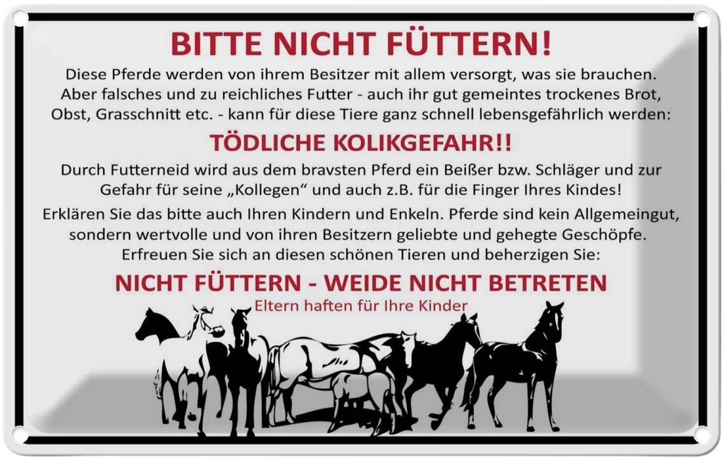 [LA-1784909] Blechschild 20x30 cm bitte nicht füttern Pferde Verbot Warnschild Hinweisschild Sicherheit Vorsicht